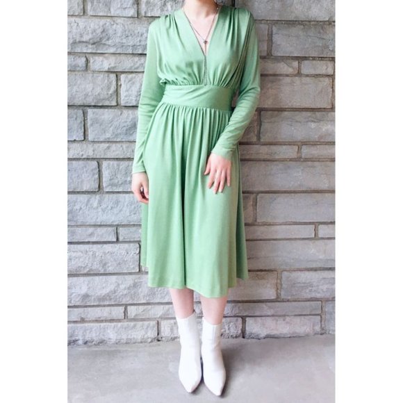 Vintage Dresses & Skirts - Vintage 70s Disco Goddess Midi Sage Green Dress